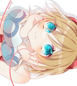 Rule 34 | 1girl, :>, blonde hair, blue eyes, bracelet, closed mouth, hair between eyes, hairband, highres, irida (pokemon), jewelry, looking at viewer, nintendo, pokemon, pokemon legends: arceus, red hairband, red shirt, shirt, short hair, sideways, simple background, smile, solo, strapless, strapless shirt, to camellia, upper body, white background