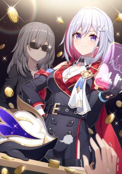 2girls black_gloves black_suit blue_eyes breasts coin collared_shirt colored_inner_hair detached_sleeves dutch_angle elbow_gloves formal_clothes gloves gold_coin grey_hair highres holographic_interface honkai:_star_rail honkai_(series) large_breasts multicolored_hair multiple_girls numby_(honkai:_star_rail) out_of_frame red_hair shirt smile stelle_(honkai:_star_rail) streaked_hair suit sunglasses t@ke-g topaz_(honkai:_star_rail) trailblazer_(honkai:_star_rail) trotter_(honkai:_star_rail) two-tone_hair white_hair white_shirt