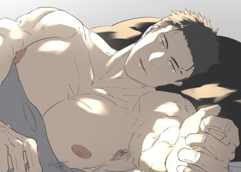 1boy armpit_hair artist_name black_hair blue_eyes collarbone gradient_background kanzaki_kyoudai_no_nichijou kanzaki_sorahiko locksuke male_focus morning muscular muscular_male nipples on_bed outstretched_arm parted_lips pectorals pillow pov_across_bed scar scar_on_face short_hair smile topless_male twitter_username under_covers very_short_hair