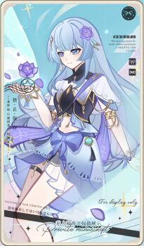1girl absurdres adddds blue_eyes blue_hair chinese_text closed_mouth earrings english_text flower genius_invokation_tcg_(style) hair_flower hair_ornament highres jewelry long_hair magical_girl mixed-language_text original purple_flower rose smile solo watermark