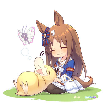 Rule 34 | 1girl, animal ears, blue ribbon, blush, bow, brown hair, butterfree, closed eyes, closed mouth, commentary request, ear ribbon, gen 1 pokemon, grass wonder (umamusume), highres, horse ears, horse girl, horse tail, long hair, long sleeves, nintendo, pokemon, psyduck, ribbon, sailor collar, shirt, skirt, smile, solo, tail, umamusume, white background, white sailor collar, white skirt