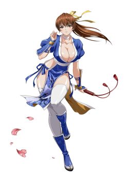 1girl arm_guards blush breasts brown_eyes brown_hair choker cleavage collarbone dead_or_alive dead_or_alive_6 female_focus hair_ribbon highres japanese_clothes kasumi_(doa) langrisser langrisser_mobile large_breasts long_hair looking_at_viewer matching_hair/eyes ninja off_shoulder official_alternate_costume official_art panties pelvic_curtain ponytail ribbon shin_guards side-tie_panties solo thighhighs underwear white_background white_thighhighs yellow_ribbon