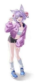 Rule 34 | 1girl, absurdres, ahoge, animal ear fluff, animal ears, bandaid, bandaid on face, black shorts, blue bow, blue eyes, blue shoes, bow, breasts, cleavage, collarbone, commentary request, fang, fox ears, full body, green bow, hair bow, hair ornament, hair ribbon, hair rings, headphones, headphones around neck, heterochromia, highres, jacket, juchyoko, korean commentary, midriff, multiple hair bows, navel, open clothes, open jacket, open mouth, pink bow, pink jacket, pom pom (clothes), pom pom hair ornament, purple hair, ribbon, shoes, shorts, simple background, skin fang, socks, solo, stellive, tank top, tenko shibuki, virtual youtuber, white background, white socks, white tank top, yellow eyes