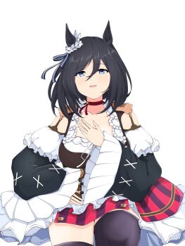 1girl absurdres animal_ears black_hair blue_eyes blush bob_cut bodice bow breasts choker cleavage commentary_request dirndl ear_ornament ear_ribbon ear_scrunchie eishin_flash_(meisterschaft)_(umamusume) eishin_flash_(umamusume) german_clothes hair_between_eyes highres horse_ears horse_girl horse_tail large_breasts long_sleeves looking_at_viewer medium_hair metal_jumper513 open_mouth red_choker scrunchie shirt skirt smile solo striped_clothes striped_skirt swept_bangs tail umamusume vertical-striped_clothes vertical-striped_skirt white_scrunchie