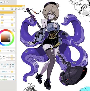 1girl accessories alternate_eye_color art_program_in_frame asymmetrical_shorts bare_shoulders beret black_bow black_hat black_shoes black_shorts blonde_hair bow breasts button_gap detached_sleeves full_body garter_straps grin gyozanobenkyou hammer hat high-waist_shorts highres holding holding_hammer holding_weapon looking_at_viewer mole mole_under_mouth monster_girl orange_eyes scylla shirt shoes short_hair shorts single_garter_strap single_thighhigh smile solo suction_cups tentacle_girl tentacle_tail tentacles thighhighs torn_clothes torn_thighhighs uni_gyoza weapon white_background white_shirt white_sleeves yidhari_murphy zenless_zone_zero