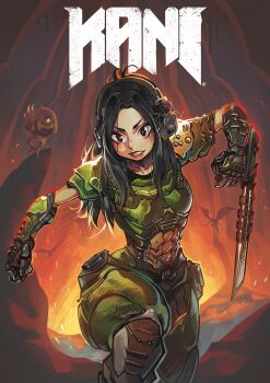 1girl absurdres armor black_hair cacodemon carmine3 commentary commission cosplay cyclops demon doom_(series) doomguy doomguy_(cosplay) english_commentary headphones hell highres long_hair mole mole_under_eye one-eyed original praetor_suit weapon wings