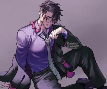 Rule 34 | 1boy, armakzoku, belt, black-framed eyewear, black belt, black hair, black jacket, black pants, closed mouth, coat, coat partially removed, collared shirt, commentary request, corbeau (pokemon), elbow on knee, eyewear strap, glasses, grey background, highres, invisible chair, jacket, lapels, layered sleeves, long sleeves, looking at viewer, looking to the side, male focus, necktie, nintendo, open clothes, open collar, open jacket, palmar flexion, pants, parted hair, pokemon, pokemon legends: z-a, purple hair, purple shirt, round eyewear, shirt, shirt tucked in, short hair, short sideburns, sideways glance, simple background, sitting, solo, undercut, white necktie, wing collar, yellow eyes