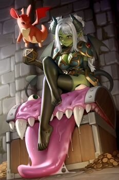 1girl absurdres black_gloves black_tail black_thighhighs breasts coin colored_skin commentary commission creature demon_girl demon_horns demon_tail dice dragon elbow_gloves english_commentary english_text eyeball full_body gloves gold_coin green_skin highres holding holding_dice horns indoors kairunoburogu large_breasts long_hair mimic mimic_chest monster original parted_lips pointy_ears saliva sharp_teeth sitting solo tail teeth thighhighs toes tongue white_hair yellow_eyes