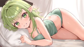 1girl bare_arms bare_shoulders bibixart breasts cleavage commentary crop_top english_commentary green_eyes green_hair green_panties green_shirt grin highres long_hair looking_at_viewer lying mole mole_under_eye no_pants on_bed on_side original panties pillow pointy_ears shirt sleeveless sleeveless_shirt small_breasts smile solo spaghetti_strap thighs underwear