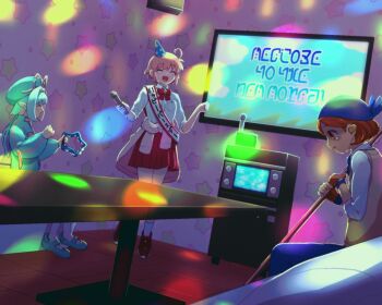 3girls ^_^ bandana bandana_waddle_dee blue_bandana blue_coat blue_eyes blue_hat blue_pants blue_shoes bow bowtie brown_sweater_vest cardigan cardigan_around_waist closed_eyes clothes_around_waist coat collared_shirt colored_inner_hair commentary_request couch distress elfilin fake_text fingerless_gloves flat_screen_tv gloves hair_intakes hair_ribbon hat highres holding holding_microphone holding_polearm holding_tambourine holding_weapon indoors instrument kanafumi_(spindle) karaoke_box kirby kirby_(series) kirby_and_the_forgotten_land long_hair mary_janes microphone multicolored_hair multiple_girls nintendo on_couch open_mouth orange_eyes orange_gloves orange_hair pants pantyhose personification pink_cardigan pink_hair pink_ribbon pleated_skirt pointy_ears polearm red_bow red_bowtie red_shoes red_skirt ribbon sash shirt shoes short_hair shoulder_sash sitting skirt sneakers socks spear standing star_(symbol) sweater_vest table tambourine tears television translated turn_pale weapon white_pantyhose white_shirt white_socks
