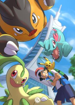 1boy ash_ketchum backpack bag baseball_cap bayleef black_hair blue_jacket blue_shorts blue_sky brown_eyes closed_mouth crossed_arms day fangs gen_1_pokemon gen_2_pokemon gen_5_pokemon grin hat highres jacket leaf lumiose_city nintendo on_shoulder open_clothes open_jacket open_mouth pignite pikachu pokemon pokemon_(anime) pokemon_(creature) pokemon_journeys pokemon_legends:_z-a pokemon_on_shoulder popped_collar prism_tower red_eyes red_hat sergiromero sharp_teeth shirt short_hair short_sleeves shorts sky sleeveless sleeveless_jacket smile starter_pokemon_trio tail teeth totodile white_shirt