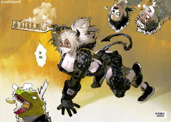 1girl 3boys angry black_jumpsuit black_pants breasts breasts_out caiman_(dorohedoro) demon demon_horns demon_tail dorohedoro dumpling eating food furry furry_male gloves high_ponytail highres holding holding_food horns hot jiaozi jumpsuit kawajiri lizardman messy_hair multiple_boys nano_(c175311) nikaidou_(dorohedoro) open_mouth pants pointy_hair ponytail red_eyes reptile_boy risu_(dorohedoro) smile tail white_hair