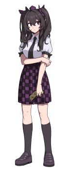 1girl absurdres brown_hair formicid hat highres himekaidou_hatate holding holding_phone kneehighs phone plaid_clothes plaid_skirt pointy_ears purple_hat purple_skirt shirt simple_background skirt socks solo tokin_hat touhou twintails white_background white_shirt