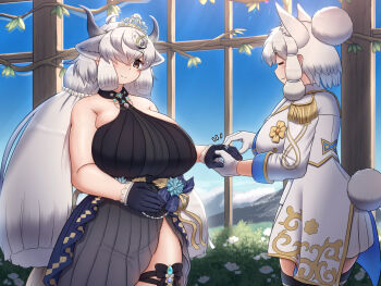 alpaca_ears alpaca_girl alpaca_suri_(kemono_friends) alpaca_tail alternate_costume animal_ears ascot asymmetrical_dress bare_shoulders black_choker black_dress black_gloves black_shoes black_thighhighs blue_eyes blue_shirt blush breasts choker cowboy_shot crown dress epaulettes extra_ears frilled_dress frills gloves gold_jacket hair_bun hair_over_one_eye hair_tubes half_gloves high_heels highres huge_breasts jacket jewelry kemono_friends kemono_friends_3 large_breasts long_hair long_sleeves looking_at_viewer mo23 multicolored_jacket multiple_girls neck_ruff official_alternate_costume orange_eyes cow_ears cow_girl cow_horns cow_tail palace pleated_skirt ring shirt shoes short_hair sidelocks single_hair_bun skirt sleeveless smile suit_jacket tail thick_thighs thigh_strap thighhighs thighs twintails two-tone_jacket two-tone_shirt white_ascot white_gloves white_hair white_jacket white_shirt white_skirt yak_(kemono_friends) zettai_ryouiki
