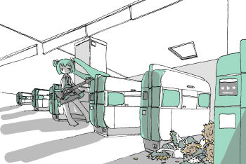 Rule 34 | 1girl, absurdres, barefoot, commentary, electric guitar, fare gate, flower, green hair, guitar, hatsune miku, highres, instrument, kaduise, limited palette, long hair, looking at viewer, solo, sunflower, twintails, vocaloid, wide shot