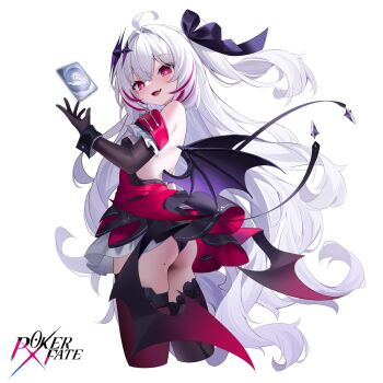 Rule 34 | 1girl, :d, absurdres, ass, backless dress, backless outfit, bat wings, black dress, black gloves, black panties, black thighhighs, black wrist cuffs, commentary, copyright name, cowboy shot, cowlick, demon girl, diamond (shape), dress, elbow gloves, fang, floating card, from behind, gloves, hair between eyes, highres, lilith (poker fate), long hair, looking at viewer, mole, mole on ass, multicolored hair, nahaki, official artist extra, open mouth, panties, poker fate, red dress, red eyes, red hair, red streaks, red thighhighs, short dress, side ponytail, simple background, single elbow glove, skindentation, smile, solo, streaked hair, thighhighs, underwear, very long hair, white background, white hair, wings, wrist cuffs