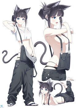 1girl :3 absurdres animal_ears black_hair black_overalls black_panties black_pants blue_eyes breasts cat_ears cat_girl cat_tail closed_mouth collarbone folded_ponytail full_body highres looking_at_viewer makicha_(sasurainopink) medium_breasts multiple_views navel original overalls panties pants shirt short_hair sidelocks simple_background smile standing suspenders tabi tail toes underwear white_background white_shirt
