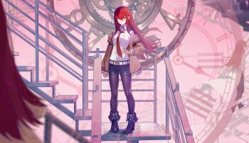 3girls a_yu_(2932120331) absurdres analog_clock ankle_boots arm_at_side belt belt_buckle black_footwear black_pantyhose black_shorts blurry blurry_foreground boots breasts bright_pupils brown_jacket buckle chinese_commentary clock closed_mouth collared_shirt commentary depth_of_field dress_shirt expressionless facing_away floating_hair fold-over_boots from_behind full_body gears hair_between_eyes hair_over_shoulder hand_on_own_hip high_heel_boots high_heels highres jacket long_hair long_sleeves makise_kurisu multiple_girls multiple_persona necktie off_shoulder on_stairs open_clothes open_jacket pantyhose pantyhose_under_shorts pigeon-toed pink_background pink_lips purple_eyes railing red_hair red_necktie roman_numeral science_adventure see-through_clothes shirt short_shorts shorts sidelocks sleeves_past_wrists small_breasts solo_focus stairs standing steins;gate very_long_hair walking white_belt white_pupils white_shirt wind zipper_footwear