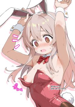 1girl ahoge animal_ears armpits arms_up blush bow bowtie breasts brown_eyes brown_hair commentary_request covered_navel dated detached_collar fake_animal_ears fake_tail highres itinana leotard long_hair navel onii-chan_wa_oshimai! open_mouth oyama_mahiro pantyhose playboy_bunny rabbit_ears rabbit_tail red_bow red_bowtie red_leotard simple_background small_breasts solo sweat tail twitter_username upper_body white_background white_wrist_cuffs wrist_cuffs