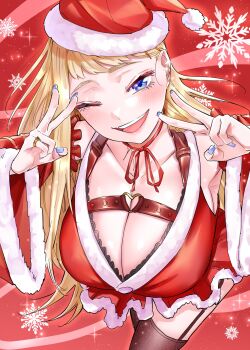 1girl blonde_hair blue_eyes blush breasts christmas cleavage commentary_request dosanko_gal_wa_namaramenkoi dress fuyuki_minami hat highres ikada_kai large_breasts long_hair looking_at_viewer red_hat smile solo thighhighs