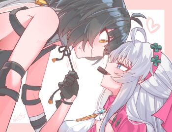 2girls ahoge bare_shoulders black_gloves black_hair blue_eyes blush breasts carlotta_(wuthering_waves) chocolate closed_mouth commentary dated elbow_gloves elbow_pads eye_contact female_rover_(wuthering_waves) food_in_mouth gloves grey_hair hairband heart long_hair looking_at_another medium_breasts multiple_girls pink_hairband pulling rover_(wuthering_waves) signature smile starblame sweatdrop untranslatable_commentary wuthering_waves yellow_eyes yuri