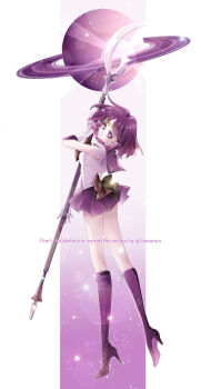 1girl bishoujo_senshi_sailor_moon boots circlet from_side full_body head_tilt high_heel_boots high_heels highres holding holding_polearm holding_weapon knee_boots medium_hair miniskirt pleated_skirt polearm purple_boots purple_eyes purple_hair purple_sailor_collar purple_skirt sailor_collar sailor_saturn sailor_senshi_uniform sarashina_kau saturn_(planet) see-through_clothes see-through_skirt shaft_look shirt silence_glaive skirt sleeveless sleeveless_shirt solo tomoe_hotaru weapon white_shirt