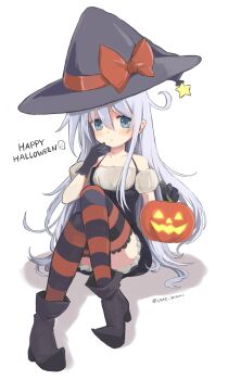 1girl alternate_costume black_boots black_dress black_gloves black_hat black_thighhighs blue_eyes blue_hair blush boots bow collarbone commentary_request double-parted_bangs dress english_text food frilled_dress frills gloves hair_between_eyes halloween halloween_costume happy_halloween hat hat_bow hat_ribbon hibiki_(kancolle) highres holding holding_pumpkin jack-o'-lantern kantai_collection lace lace-trimmed_thighhighs lace_trim large_hat long_hair long_sidelocks looking_at_viewer motohara_moka pasta pumpkin red_bow red_ribbon red_thighhighs ribbon shadow short_sleeves sidelocks simple_background sitting solo spaghetti striped_clothes striped_thighhighs thighhighs twitter_username very_long_hair white_background witch_hat
