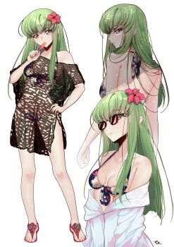 Rule 34 | 1girl, absurdres, bikini, breasts, budgiepon, c.c., code geass, commentary request, dress, floral print, floral print bikini, flower, food, food in mouth, green hair, hair flower, hair ornament, highres, long hair, medium breasts, multiple views, popsicle, popsicle in mouth, print bikini, sandals, see-through clothes, see-through dress, shirt, simple background, sunglasses, swimsuit, toes, very long hair, white background, white shirt, yellow eyes
