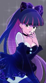 1girl armpit_crease armpits bare_shoulders blue_eyes blue_hair blunt_bangs bow breasts buttons choker cleavage colored_inner_hair commentary_request dokupiyoart dress earrings gothic_lolita grey_background hair_bow highres jewelry large_breasts lolita_fashion long_hair looking_at_viewer multicolored_hair multiple_rings open_mouth panty_&amp;_stocking_with_garterbelt pink_hair purple_hair ring solo star_(symbol) stocking_(psg) striped_clothes striped_leggings striped_thighhighs thighhighs two-tone_hair watermark