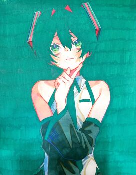 1girl absurdres aqua_background aqua_hair bare_shoulders blending closed_mouth detached_sleeves green_eyes hair_ornament hand_up hatsune_miku highres long_sleeves looking_at_viewer solo taroro_1023 traditional_media upper_body vocaloid