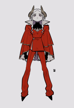 Rule 34 | 1girl, absurdres, adapted costume, arms at sides, bad id, bad twitter id, black shoes, cape, edelgard von hresvelg, edelgard von hresvelg (timeskip), fake horns, fire emblem, fire emblem: three houses, formal clothes, full body, grey background, grey hair, high collar, highres, horns, jacket, long hair, long sleeves, looking at viewer, mogero (gerogero ieki), nintendo, pants, purple eyes, red cape, red jacket, red pants, red suit, shoes, simple background, solo, standing, suit
