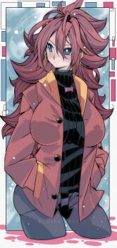 1girl android android_21 black_pants black_sweater blue_eyes blush breasts brown_coat brown_hair cloud coat dragon_ball dragon_ball_fighterz earrings hands_in_pockets hoop_earrings jewelry kinakomochi_(user_vedc2333) large_breasts long_hair long_sleeves looking_to_the_side open_clothes open_coat pants red_ribbon_army robot sky snow standing sweater winter