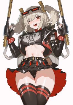Rule 34 | 1girl, ;d, absurdres, belt, black belt, black gloves, black jacket, black shirt, black skirt, black thighhighs, breasts, burnice white, commentary, cowboy shot, crop top, cropped jacket, eyewear on head, fingerless gloves, flamethrower, gloves, grey hair, groin, hands up, highres, holding, holding flamethrower, holding weapon, jacket, large breasts, looking at viewer, midriff, miniskirt, navel, nvl, one eye closed, open clothes, open jacket, open mouth, pleated skirt, red eyes, shirt, short hair, simple background, skirt, smile, solo, standing, stomach, sunglasses, thighhighs, thighs, two side up, weapon, white background, zenless zone zero