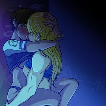 2girls after_kiss against_wall blonde_hair blush body_freckles breasts brown_hair clothes_lift commentary freckles hand_on_another's_head hug kajira leg_lock lifting_person metroid metroid_prime_4:_beyond multiple_girls nintendo nora_armstrong panties saliva saliva_trail samus_aran shirt_lift short_hair sideboob sweat underwear very_sweaty yuri