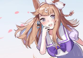 +_+ 1girl almond_eye_(umamusume) animal_ears blue_eyes blue_hair blush bow bow_hairband bowtie braid braided_sidelocks breasts brown_hair colored_inner_hair hair_between_eyes hair_ornament hairband hairclip horse_ears horse_girl horse_tail large_breasts long_hair looking_at_viewer multicolored_hair open_mouth petals puffy_short_sleeves puffy_sleeves purple_bow purple_bowtie purple_shirt purple_skirt sailor_collar sailor_shirt school_uniform shirt short_sleeves skirt smile solo solokitsune symbol-shaped_pupils tail tracen_school_uniform umamusume white_hairband white_sailor_collar x-shaped_pupils