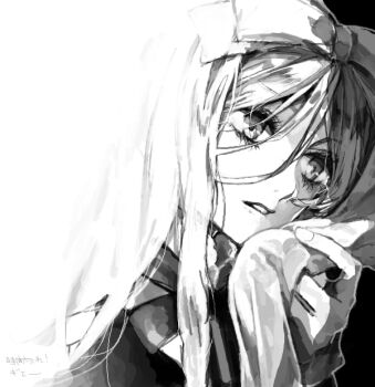 Rule 34 | 1girl, axis powers hetalia, bad drawr id, bad id, belarus (hetalia), black background, blending, bow, bowtie, curtain grab, curtains, double-parted bangs, expressionless, greyscale, hair between eyes, hair bow, hair over shoulder, head tilt, high collar, long bangs, long hair, looking afar, looking ahead, loosely tucked bangs, meiriel, monochrome, parted lips, portrait, sidelighting, solo, translation request, two-tone background, white background