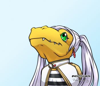 agumon artist_name blue_sky capelet closed_mouth digimon earrings frieren green_eyes highres jewelry long_hair looking_up meme nextdigimon pun sharp_teeth sky solo sousou_no_frieren teeth twintails twitter_username upper_body upward_angle_frieren_drawing_(meme) white_capelet white_hair
