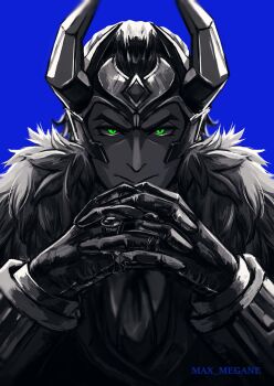 1boy artist_name blue_background blurry commentary depth_of_field english_commentary fake_horns fur-trimmed_jacket fur_trim gloves green_eyes hair_slicked_back horned_headwear horns interlocked_fingers jacket jewelry loki_(marvel) loki_(presidential_attire)_(marvel) looking_at_viewer male_focus marvel marvel_rivals megane_(0max_megane0) necktie official_alternate_costume ring short_hair solo spot_color thor_(marvel)_(series)