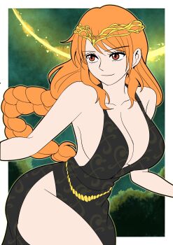 1girl absurdres alternate_hairstyle bare_shoulders black_dress braid breasts cleavage clothing_cutout collarbone cosplay curvy degamishiro dress elden_ring highres hip_vent jewelry large_breasts long_hair nami_(one_piece) one_piece orange_hair queen_marika_the_eternal queen_marika_the_eternal_(cosplay) red_eyes sideboob sidelocks smile solo thighs tiara wide_hips