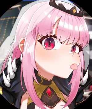 1girl absurdres black_cape breasts cape cleavage close-up commentary english_commentary fisheye highres hololive hololive_english kazumazet light_blush long_hair looking_at_viewer mori_calliope mori_calliope_(1st_costume) pink_eyes pink_hair shoulder_spikes sidelocks solo spikes tiara tongue tongue_out twitter_username veil virtual_youtuber