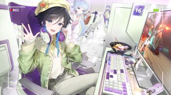1girl 5boys absurdres albedo_(genshin_impact) arm_up ayaka_(genshin_impact) belt beret black_hair blue_eyes blue_hair bowl braid chair closed_mouth computer computer_keyboard food genshin_impact gradient_hair green_jacket grey_pants hand_up hat headphones headphones_around_neck highres internet_cafe jacket kaedehara_kazuha kkopoli long_hair long_sleeves male_focus monitor multicolored_hair multiple_boys noodles open_mouth pants ponytail raiden_shogun ramen sayu_(genshin_impact) scaramouche_(genshin_impact) shirt signora_(genshin_impact) sitting smile twin_braids venti_(genshin_impact) white_shirt xingqiu_(genshin_impact) yellow_hat