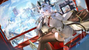 ahoge black_horns black_jacket black_thighhighs blue_sky breasts camera clothing_cutout commentary curled_horns day dress dutch_angle eyewear_on_head fingernails grey_dress grey_hair hair_between_eyes hashtag-only_commentary highres holding holding_camera horns jacket jacket_on_shoulders large_breasts long_hair looking_at_viewer looking_to_the_side multicolored_hair nail_polish red_eyes red_nails samo_(shichun_samo) selfie shoulder_cutout sitting sky streaked_hair sunglasses sweater sweater_dress thighhighs thighs wuthering_waves zani_(downtown_repose)_(wuthering_waves) zani_(wuthering_waves)