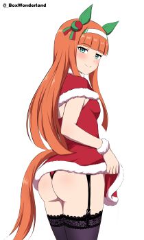 1girl absurdres alternate_costume animal_ears ass black_thighhighs blue_eyes blush box_wonderland christmas commentary dress english_commentary feet_out_of_frame highres horse_ears horse_girl horse_tail lingerie long_hair long_sleeves looking_at_viewer looking_back orange_hair santa_costume santa_dress silence_suzuka_(umamusume) simple_background smile solo standing tail thighhighs twitter_username umamusume underwear white_background