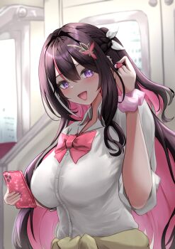 0806ohji 1girl :d absurdres azki_(hololive) black_hair blush breasts cardigan cardigan_around_waist cellphone clothes_around_waist collared_shirt colored_inner_hair commentary_request gyaru hair_ornament highres hololive large_breasts long_hair looking_at_viewer multicolored_hair open_mouth phone pink_hair purple_eyes scrunchie shirt sidelocks sleeves_rolled_up smartphone smile solo streaked_hair upper_body very_long_hair virtual_youtuber white_hair white_shirt wrist_scrunchie