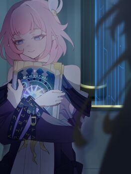 1girl as_i&#039;ve_written_(honkai:_star_rail) bare_shoulders blue_eyes book breasts coat commentary cyrene_(aedes_elysiae)_(honkai:_star_rail) cyrene_(honkai:_star_rail) dress english_commentary hair_ornament highres holding holding_book honkai:_star_rail honkai_(series) indoors miuryll pink_hair pointy_ears purple_coat small_breasts smile solo white_dress