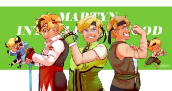 5boys absurdres animal_ears bad_id bad_twitter_id bandana biceps blonde_hair blue_eyes brown_vest creator_connection fingerless_gloves flexing furry furry_male gloves green_background green_gloves green_jacket grin highres holding holding_sword holding_weapon horns in-franchise_crossover inthelittlewood inthelittlewood_(datastream_defender) jacket letterboxed limited_life_smp long_sleeves male_focus mellozheist minecraft_sword minecraft_youtube mini_person miniboy mouse_boy mouse_ears multiple_boys multiple_persona new_life_smp official_alternate_costume pirates_smp pointy_ears rats_smp scar scarf shirt short_hair short_sleeves smile sword traffic_life_series upper_body vest virtual_youtuber weapon white_shirt yogscast