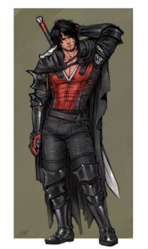 1boy 1varkeliee arm_behind_head armor armored_boots armored_gloves beard_stubble black_armor black_cloak black_hair black_pantyhose boots border clive_rosfield cloak closed_mouth commentary english_commentary facial_hair facial_mark final_fantasy final_fantasy_xvi full_body furrowed_brow grey_background highres male_focus muscular muscular_male outside_border pantyhose pectoral_cleavage pectorals red_vest short_hair solo standing stubble sword sword_on_back vest weapon weapon_on_back white_border