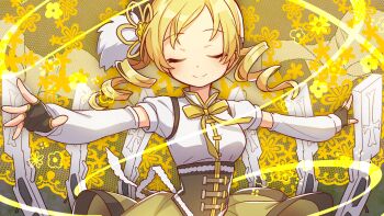 1girl black_gloves blonde_hair breasts brown_skirt closed_eyes closed_mouth clothes_lift commentary_request corset detached_sleeves dot_nose drill_hair facing_viewer feathers fingerless_gloves floating_hair floral_background flower gloves gun hair_flower hair_ornament hairpin happy high_collar lace lace_trim light_blush light_smile magical_girl magical_musket mahou_shoujo_madoka_magica mahou_shoujo_madoka_magica_(anime) medium_breasts neck_ribbon orange_flower outstretched_arms puffy_short_sleeves puffy_sleeves ribbon rifle short_sleeves shuu_(syuuuuuuuuuu) skirt skirt_lift solo soul_gem tomoe_mami tomoe_mami_(magical_girl) twin_drills upper_body weapon yellow_flower yellow_ribbon yellow_theme