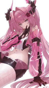 1girl absurdres arknights arknights:_endfield bare_shoulders black_gloves blue_eyes breasts detached_sleeves dragon_girl dragon_horns gloves hair_ornament hairclip highres horns large_breasts long_hair midriff open_mouth pink_gloves pointy_ears rakizuuu thighs twintails yvonne_(arknights)