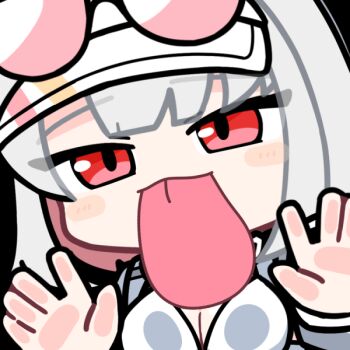 1girl acomu414 against_fourth_wall animated animated_gif black-framed_eyewear black_survival blush_stickers breasts chibi cleavage eternal_return:_black_survival eyewear_on_head fourth_wall grey_hair hands_up licking_screen marlene_(black_survival) medium_breasts multicolored_hair pink-tinted_eyewear pink_hair power_symbol red_eyes solo sunglasses tinted_eyewear transparent_background two-tone_hair upper_body visor_cap